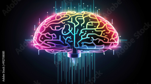 generated illustration of neon line styled brain icon, symbol of science and intelligence photo