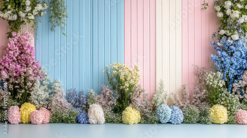 Fototapeta Naklejka Na Ścianę i Meble -  Elegant colorful with vibrant flower hanging branches illustration background. Bright color 3d abstraction wallpaper for interior mural