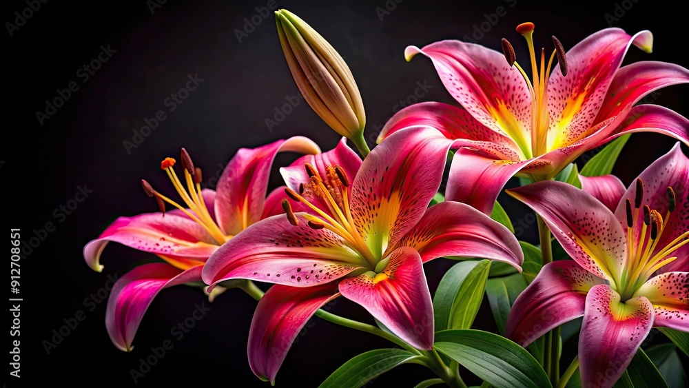 Close up of vibrant lily stargazers on black background, lily, stargazers, flowers, close up, studio, vibrant, black background Close up of vibrant lily stargazers on black background, lily, stargazers, flowers, close up, studio, vibrant, black background