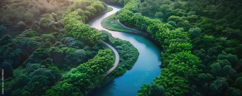 Aerial view of a winding river surrounded by lush greenery and trees, showcasing the beauty of nature and serene landscape. Aerial view of a winding river surrounded by lush greenery and trees, showcasing the beauty of nature and serene landscape.