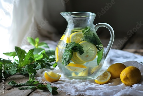 Jug of fresh lemonade with mint and lemons on table