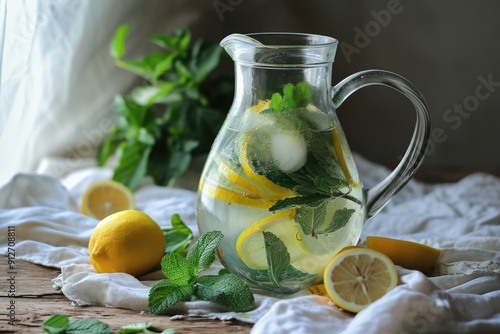 Lemonade with fresh lemon and mint in jug on wooden table