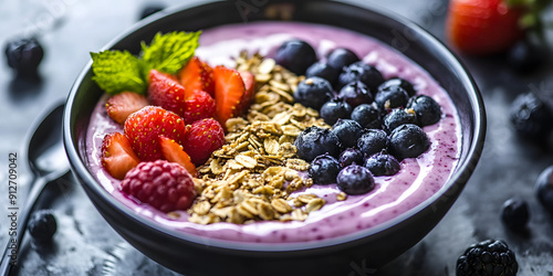 Berry smoothie bowl topped with granola and fresh fruits