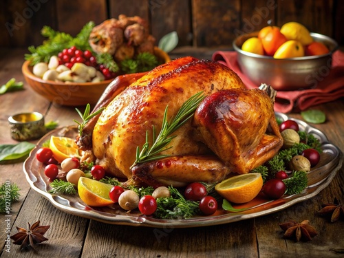 A golden-brown, perfectly roasted turkey sits on a decorative platter, garnished with fresh herbs and surrounded by a delicious array of holiday sides. photo