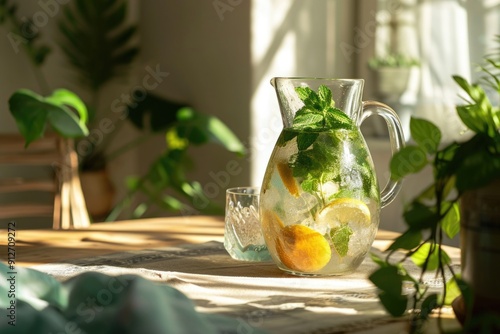 Mojito cocktail with lemon, mint and ice on wooden table