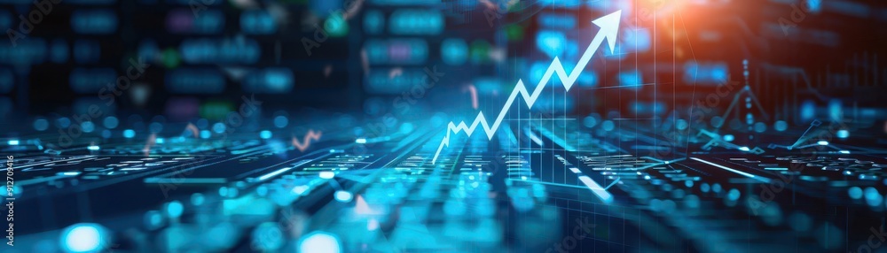 Digital stock market, ascending blue arrows, holographic interface, modern financial analysis Digital stock market, ascending blue arrows, holographic interface, modern financial analysis