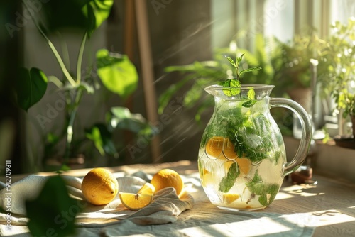Jug of fresh lemonade with mint, lemons and tangerines on table