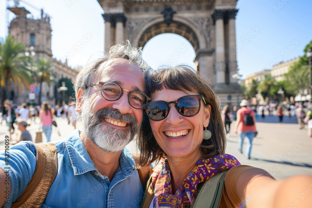senior couple smiling for the camera while on vacation senior couple smiling for the camera while on vacation