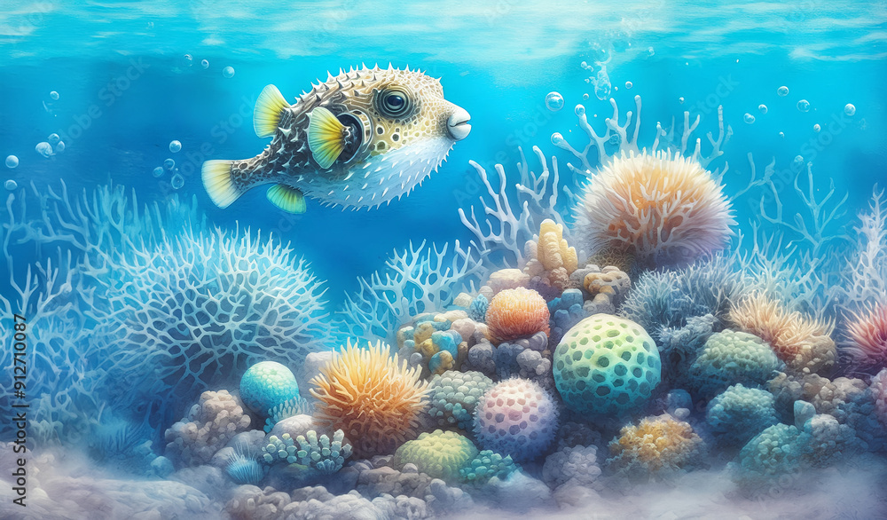 Watercolor painting of a white-spotted puffer fish swimming in a colorful coral reef Watercolor painting of a white-spotted puffer fish swimming in a colorful coral reef