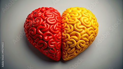 Red and yellow brain shapes coming together to form a heart , love, connection, intelligence, creativity, unity