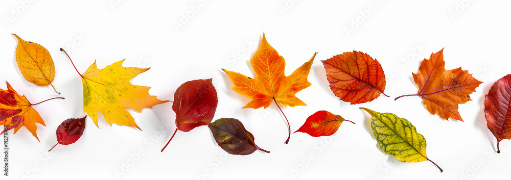 Set of isolated colorful maple leaves on white background. Autumn foliage background. Flat lay. Generative ai Set of isolated colorful maple leaves on white background. Autumn foliage background. Flat lay. Generative ai