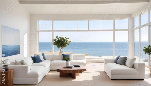 Wallpaper Mural A bright and airy living room with a large window overlooking the ocean. The room features a white sectional sofa, a wooden coffee table, and a potted plant on the table. Torontodigital.ca