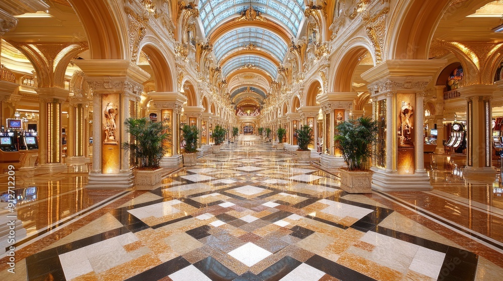Obraz premium Grand Hallway with Ornate Columns and Patterned Tile Floor