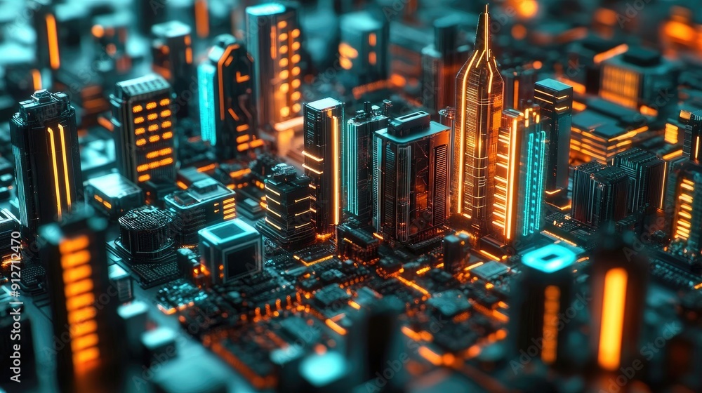 Neon-lit circuit boards creating a cityscape Neon-lit circuit boards creating a cityscape