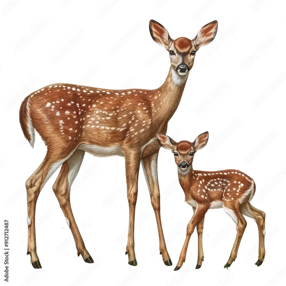 a doe and her fawn, woodland animals, realistic illustration, isolated on transparent background a doe and her fawn, woodland animals, realistic illustration, isolated on transparent background