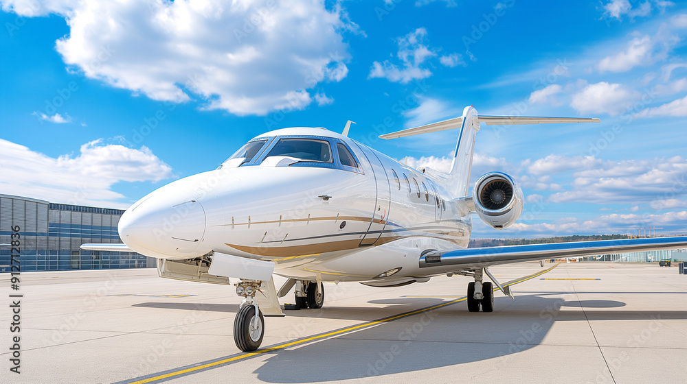 Business private jet airplane parked at terminal. Luxury tourism and business travel transportation concept. Business private jet airplane parked at terminal. Luxury tourism and business travel transportation concept.