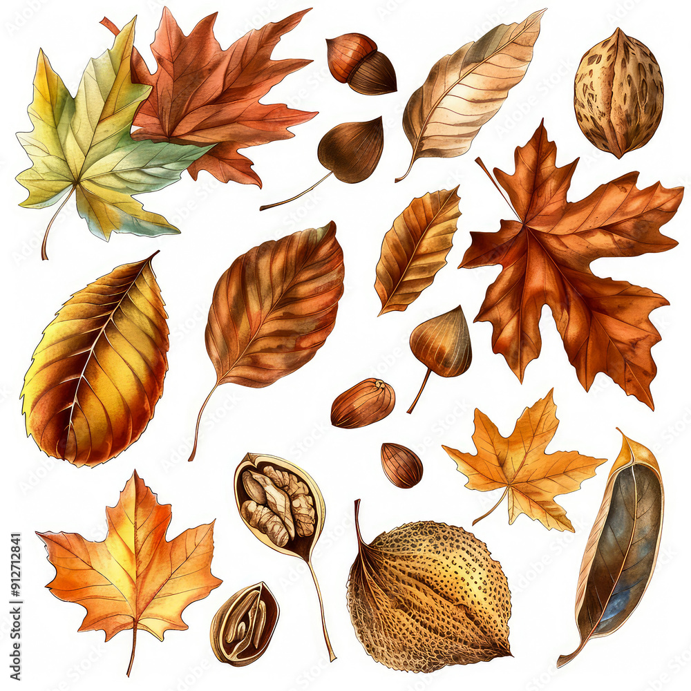 Set of isolated colorful fall leaves, cones, nuts,acorns,chestnuts, forest on white background. Autumn herbarium background. Flat lay. Generative ai Set of isolated colorful fall leaves, cones, nuts,acorns,chestnuts, forest on white background. Autumn herbarium background. Flat lay. Generative ai