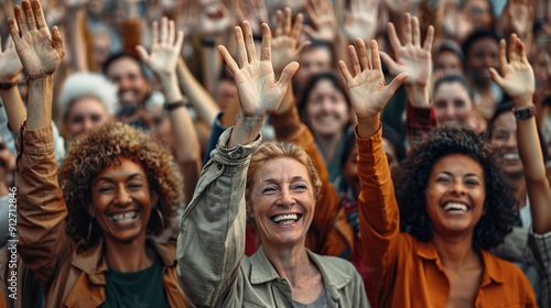 Crowd of Diverse People Raising Their Hands in Celebration