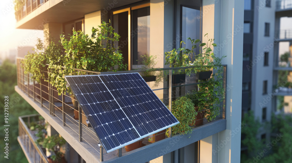 Fototapeta premium Balcony Solar Power Station in Multifamily Building, Promoting Eco-Friendly Living