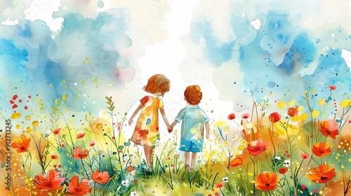 Children holding hands walking through a flower field.