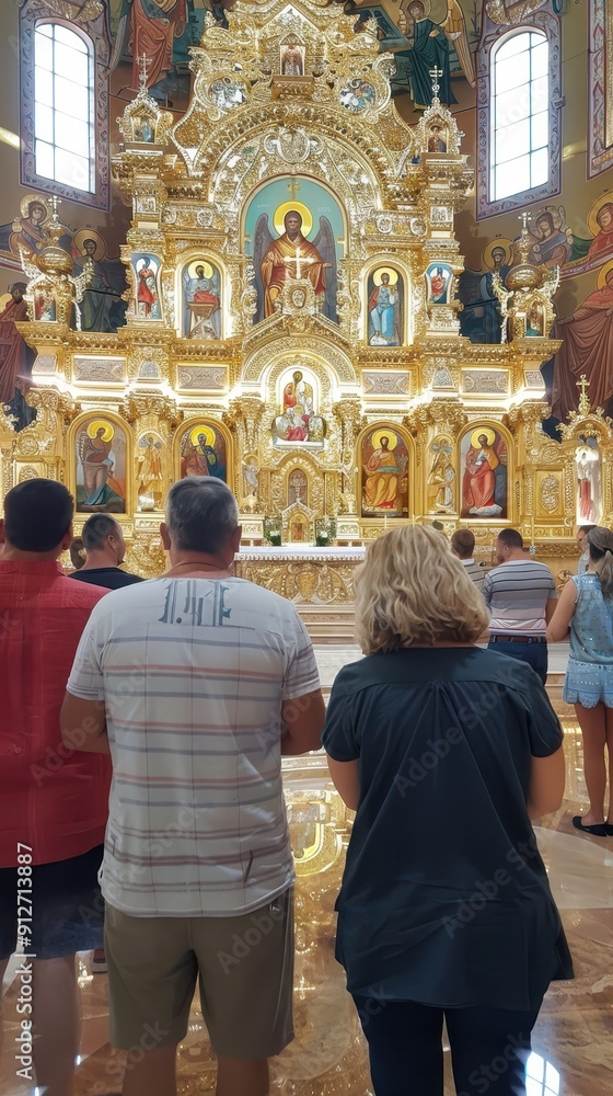 Groups of worshippers stand in prayer within an elaborately adorned cathedral Groups of worshippers stand in prayer within an elaborately adorned cathedral