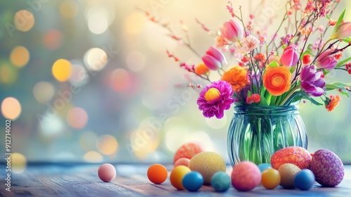 Wallpaper Mural Colorful Easter eggs and spring flowers in a vase on a wooden table with bokeh background. Torontodigital.ca