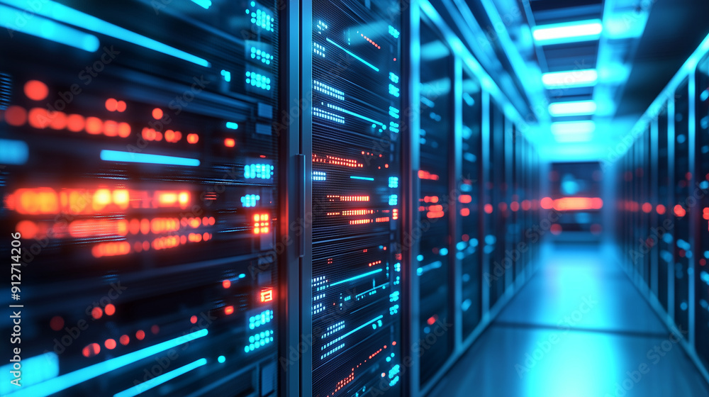 A close up 3D render of rows of server suits in a futuristic data center interior, highlighting the concept of cyber security technology and cloud computing. This abstract digital background showcases A close up 3D render of rows of server suits in a futuristic data center interior, highlighting the concept of cyber security technology and cloud computing. This abstract digital background showcases