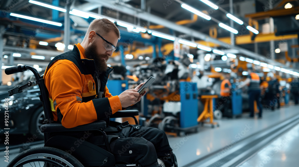 Male engineer in a wheelchair using a tablet in a modern industrial factory. He is wearing safety glasses and an orange safety vest. Male engineer in a wheelchair using a tablet in a modern industrial factory. He is wearing safety glasses and an orange safety vest.