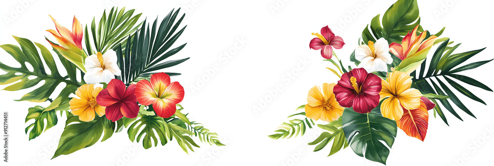 Elegant summer banner with copy space for text, simple wreath of tropical flowers and leaves, clean white background. Summer banner, card, background Elegant summer banner with copy space for text, simple wreath of tropical flowers and leaves, clean white background. Summer banner, card, background