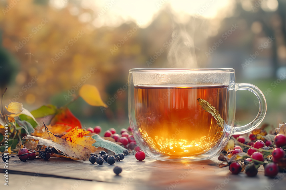 Herbal Tea With Autumn Berries in a Serene Setting Herbal Tea With Autumn Berries in a Serene Setting