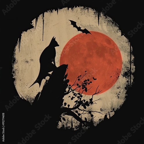 A lone wolf s haunting howl pierces the night beneath a blood-red moon. A bat flutters by, adding to the eerie atmosphere. Shadows twist and dance, weaving a tapestry of mystery in the dark night. photo