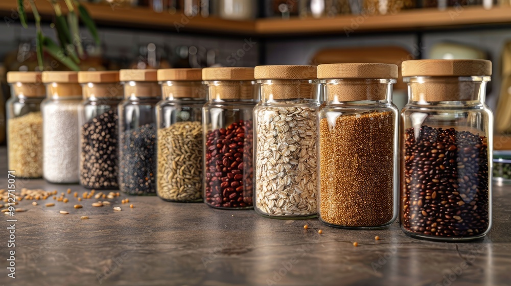 Wholesome grains and cereals in glass jars with wooden lids Wholesome grains and cereals in glass jars with wooden lids