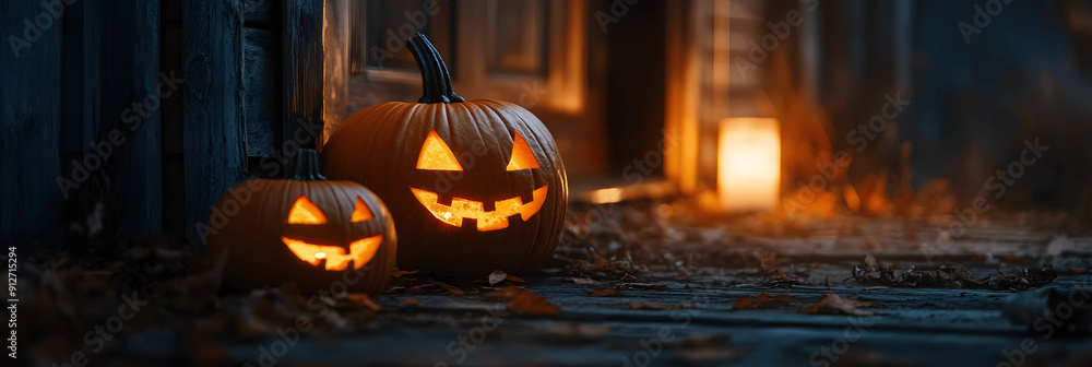Halloween background with rustic porch, carved pumpkins, copy space Halloween background with rustic porch, carved pumpkins, copy space