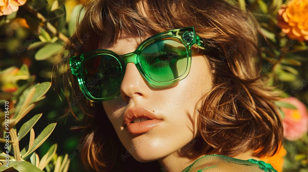 Woman with green sunglasses amidst lush greenery outside. Woman with green sunglasses amidst lush greenery outside.