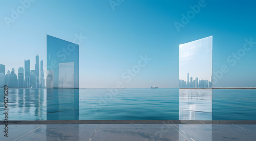 A futuristic glass reflection on the water