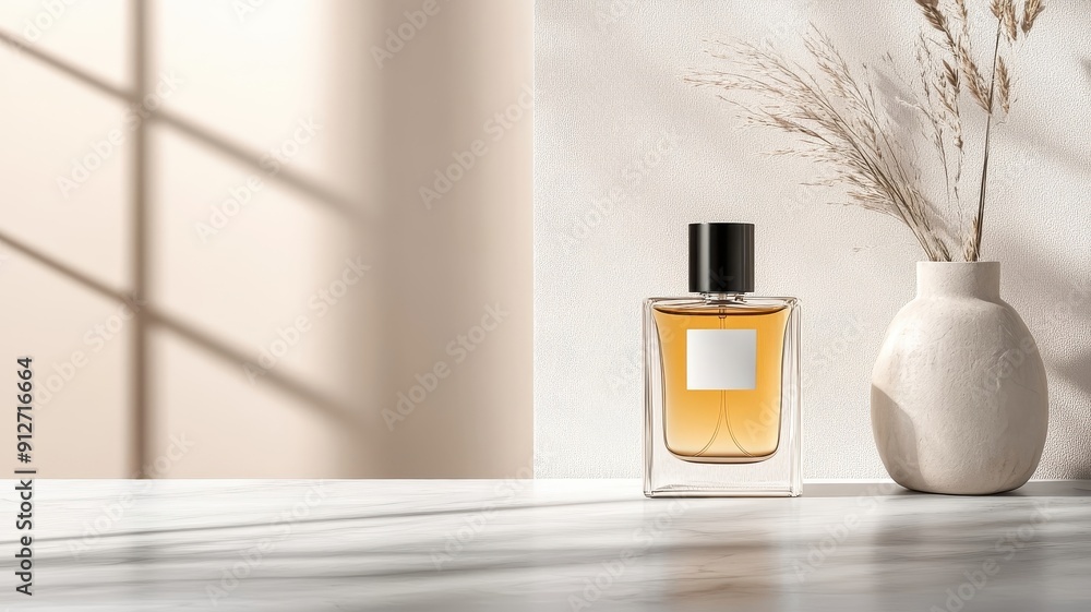 Single elegant perfume bottle on white marble, emphasizing sleek design. Single elegant perfume bottle on white marble, emphasizing sleek design.