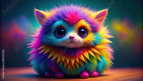 Fototapeta Naklejka Na Ścianę i Meble -  Adorable fluffy creature with vibrant colors on a cool background, cute, creature, animal, cute, adorable, fluffy, colorful