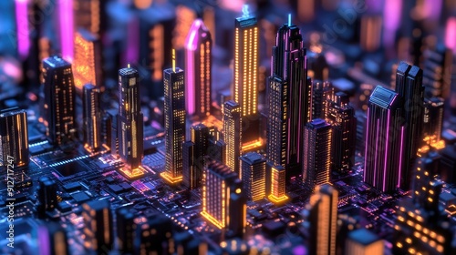 Neon-lit circuit boards creating a cityscape