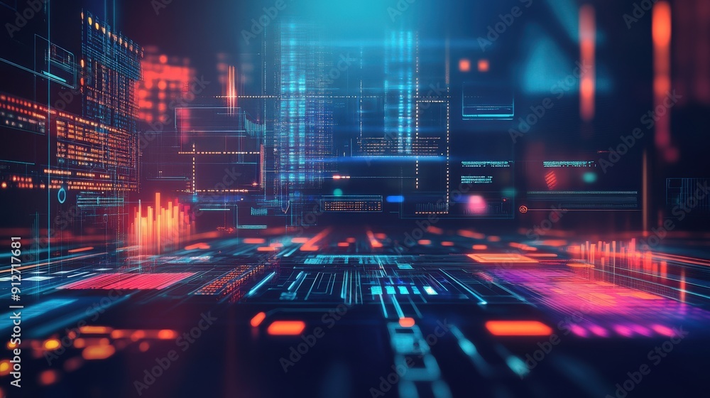 Futuristic digital city with neon lights and data flow. Futuristic digital city with neon lights and data flow.