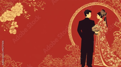 Chinese Wedding Invitation Background with Couple in Traditional Attire - A beautiful red background with gold floral designs and a silhouette of a bride and groom in traditional Chinese wedding attir photo