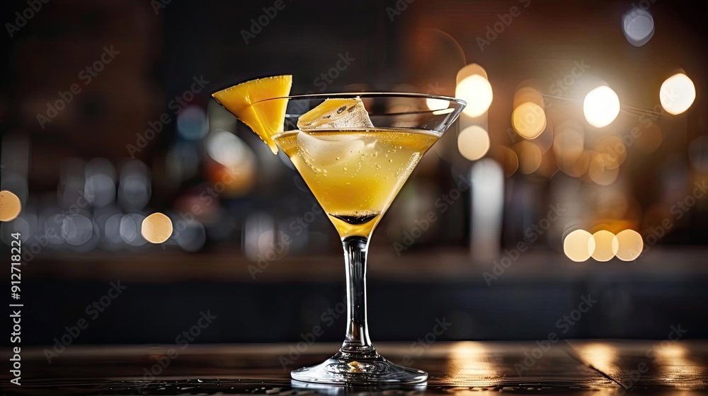 Refreshing yellow cocktail served in a stylish glass, garnished with a slice of fruit and ice cubes, perfect for nightlife. Refreshing yellow cocktail served in a stylish glass, garnished with a slice of fruit and ice cubes, perfect for nightlife.