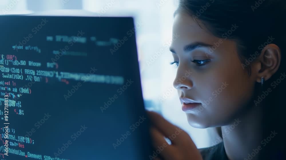 A female programmer works at a computer studying the code on the screen.
Concept: women's career in IT. A female programmer works at a computer studying the code on the screen.
Concept: women's career in IT.