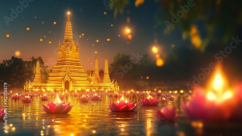 Thailand Happy Loy Krathong Festival with a beautiful temple in background.