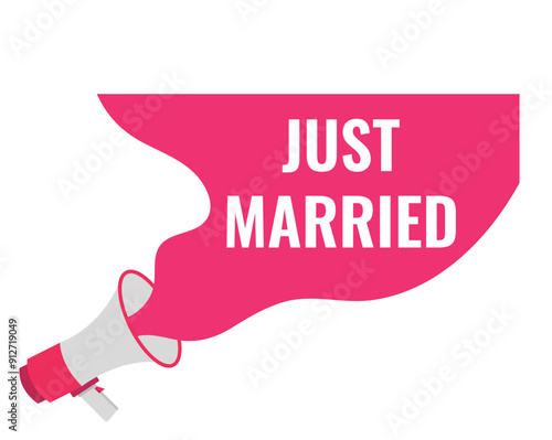 just married button, banner, label, template for website. just married text with colorful megaphone icon
