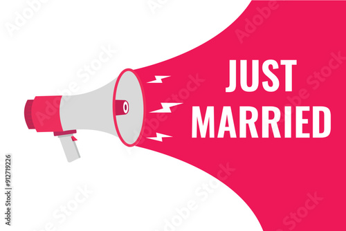 just married button, banner, label, template for website. just married text with colorful megaphone icon
