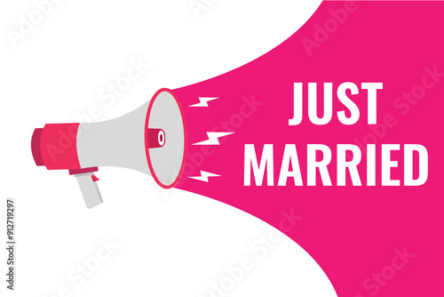 just married button, banner, label, template for website. just married text with colorful megaphone icon
