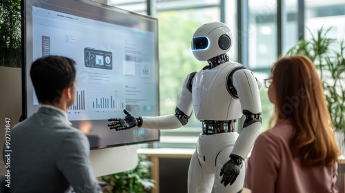 Future of Collaboration in Business, Human Professionals Interacting with AI Robot during Presentation in Modern Office Setting