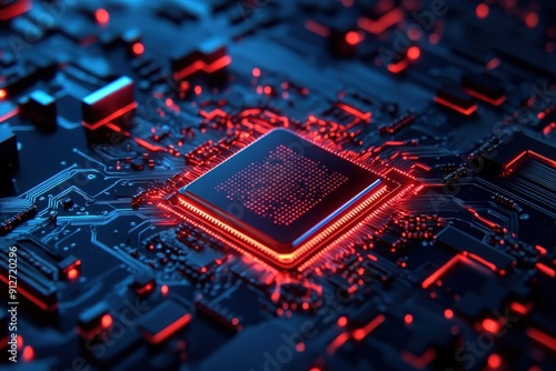 A close-up of a glowing microchip on a dark circuit board, showcasing intricate technology and vibrant red and blue colors.