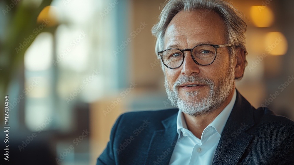 A confident senior man with glasses smiling in a modern office setting. Bright, professional environment with warm lighting. A confident senior man with glasses smiling in a modern office setting. Bright, professional environment with warm lighting.