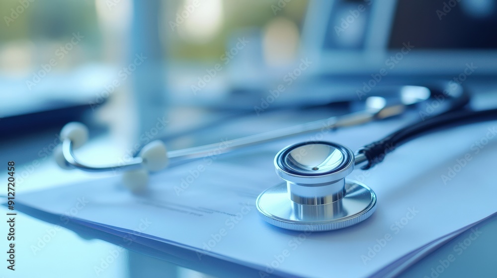 Stethoscope lying on a blue medical document, with a shallow depth of field, creating a sense of calm and professionalism. Stethoscope lying on a blue medical document, with a shallow depth of field, creating a sense of calm and professionalism.